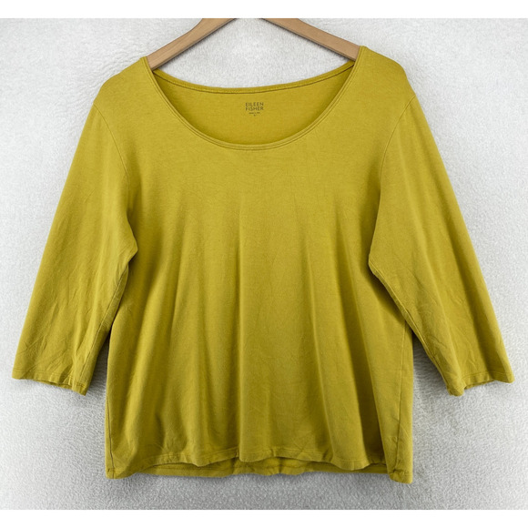EILEEN FISHER Top L Cotton Interlock Jersey Scoop Neck 3/4 Sleeve Yellow USA - Picture 1 of 10